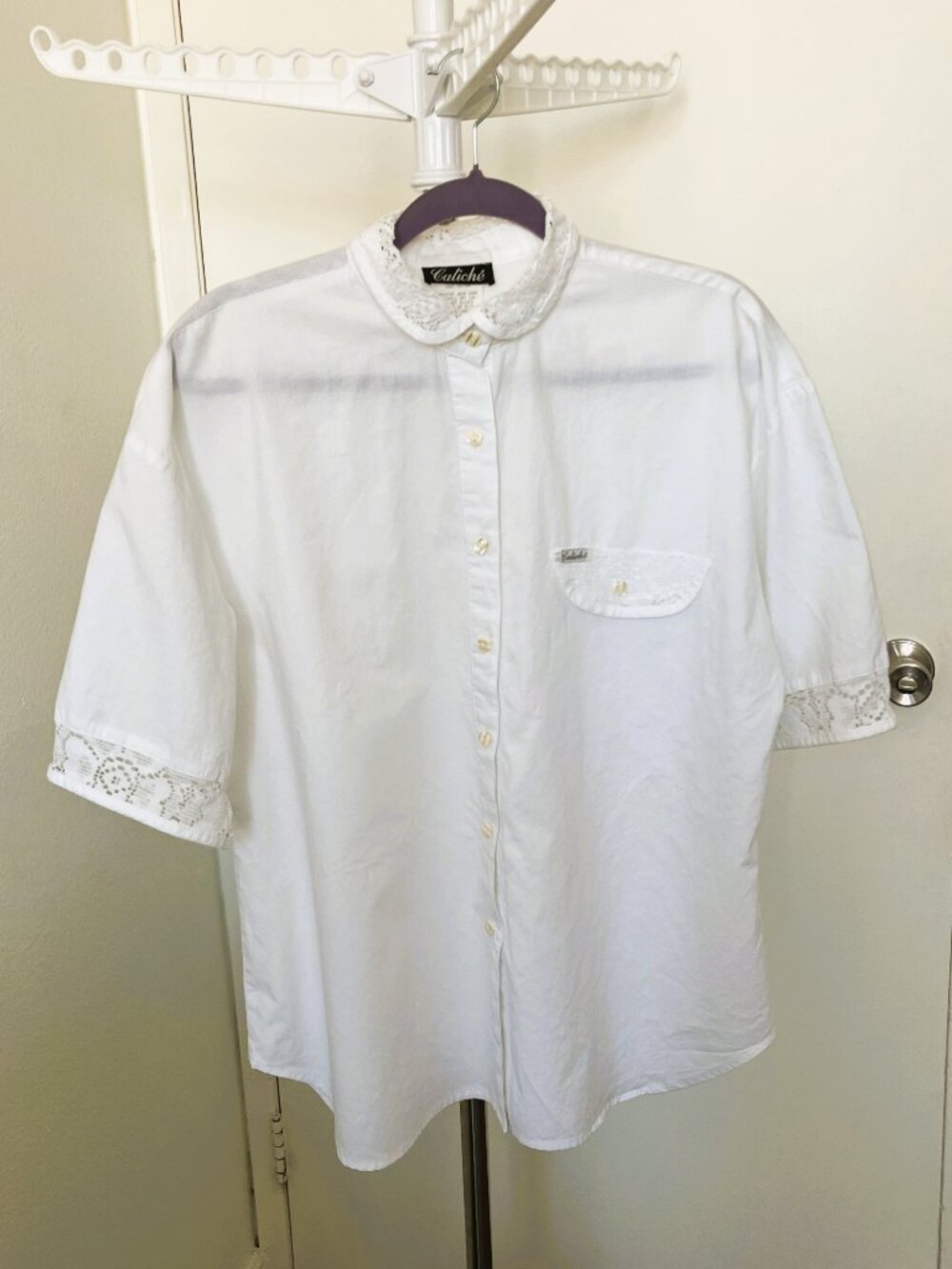 Vintage 80s 90s Caliche Short Sleeve White Blouse Lace Collar Detail Size L